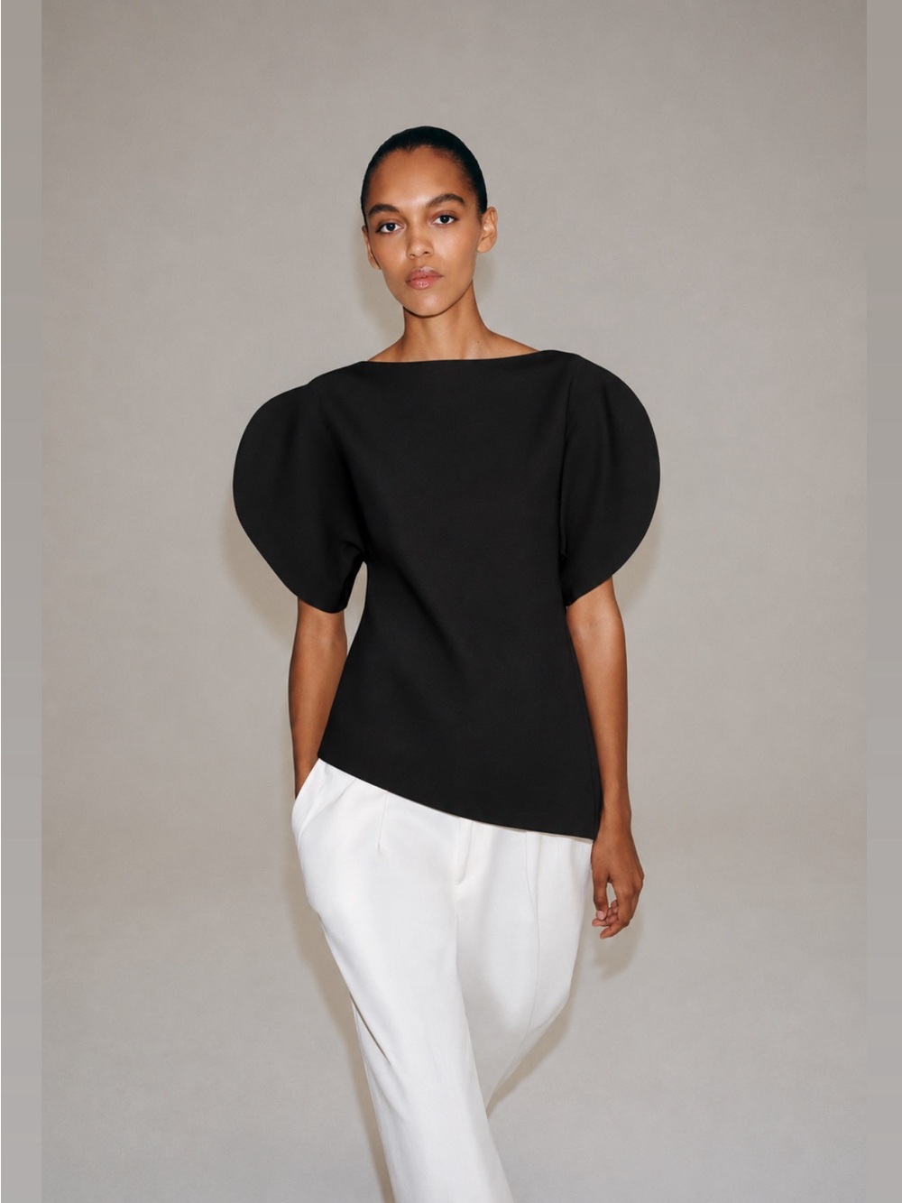Zara Black Sculpted Puff-Sleeve Boatneck Top